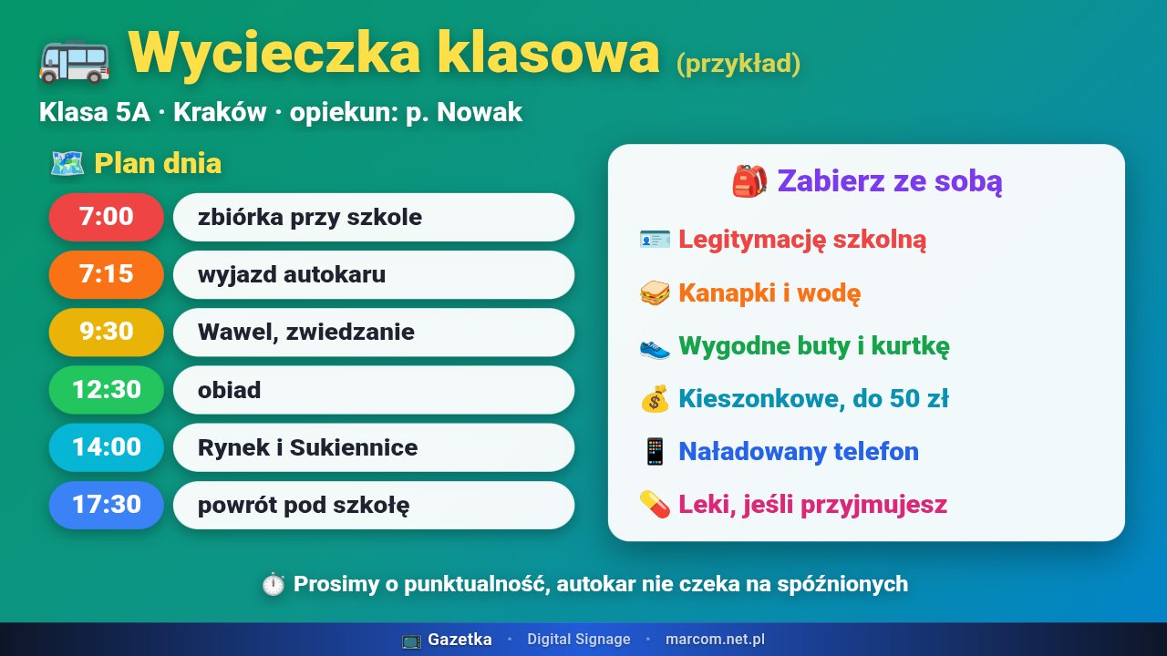 Slajd Wycieczka klasowa: plan dnia i lista rzeczy do zabrania